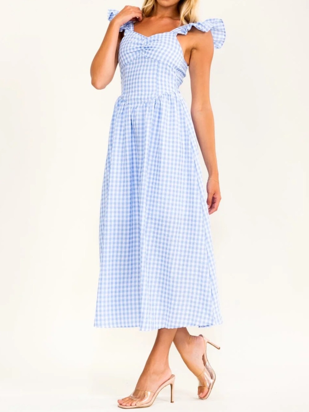 Blue Gingham Milkmaid Smock Ruffle Strap Midi Dress NWOT